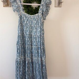 Blue Floral Maxi Dress with Ruffled Shoulders